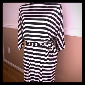 Navy and off white striped dress.